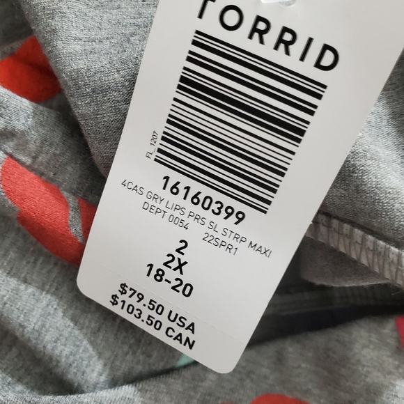 NWT Torrid Maxi Dress Strappy Grey Novelty Kiss Lip Print Size 2X 18 - 20 - Picture 10 of 12